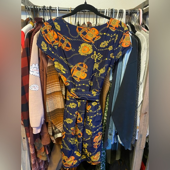 Rare Find! Western Buckle Print Satin Navy Skater Dress with Tie Waist Size S - Picture 3 of 5